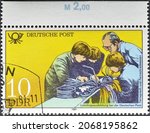 Small photo of German Democratic Republic - circa 1981 : Cancelled postage stamp printed by German Democratic Republic, that shows Apprenticeship (telex and telephony), circa 1981.