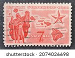 Small photo of USA - circa 1958 : Cancelled postage stamp printed by USA, that shows Alii Warrior, Map of Hawaii, and Star of Statehood, circa 1959.