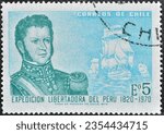 Small photo of Chile - circa 1971 : Cancelled postage stamp printed by Chile, that shows Bernardo O'Higgins and the Fleet, 150th Anniversary of Chilean Freedom Expedition of Peru, circa 1971.