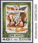 Small photo of North Korea - circa 1980 : Cancelled postage stamp printed by North Korea, that shows Secondo Campini and Sir Frank Whittle, Aviation Pioneer, circa 1980.