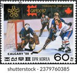 Small photo of North Korea - circa 1987 : Cancelled postage stamp printed by North Korea, that shows Hockey, Winter Olympics in Calgary, circa 1987.