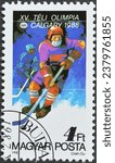 Small photo of Hungary - circa 1987 : Cancelled postage stamp printed by Hungary, that shows Hockey, Winter Olympics in Calgary, circa 1987.