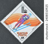 Small photo of HUNGARY - CIRCA 1979 : Cancelled postage stamp printed by Hungary, that shows Ski Jumping, Winter Olympic Games 1980 - Lake Placid, circa 1979.