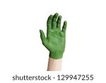 Small photo of a green painted hand in sickish gesture