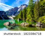 Famous Pragser Wildsee lake in italy