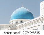 Awesome blue dome of Minor Mosque in Tashkent, Uzbekistan. The amazing white mosque is a popular tourist attraction of Central Asia.