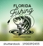 Vintage sheepshead fish emblem on blur background. Vector illustration.