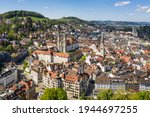 Stunning view of the Saint Gallen old town with its famous monastery and  catholic catheral in Switzerland