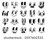 Retro 30s cartoon mascot characters funny faces. 50s, 60s old animation eyes and mouths elements. Vintage comic smile for logo vector set. Smiley caricatures with happy and cheerful emotions