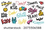 Abstract street graffiti lettering elements with grunge fonts. Urban savage spray paint art. Cool teenage graffiti cartoon design vector set. Creative colorful writing with drips and blobs