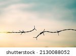 Small photo of Barbed wire fence with sunset Twilight sky. Chain spike for world war fail argue boundary concept for human rights slave, prisoners hostage broke to freedom. liberty day. russia ukraine world war