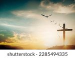 Small photo of Cross of jesus christ break barrier wire on calvary sunset background for good friday he is risen in easter day, Slave hope worship in God, Christian praying in holy spirit religious.