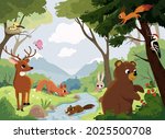 Cartoon vector animals that live on the valley with river, forest and mountains. Forest fauna. Forest inhabitants. Bear looking for raspberries. Woodpecker hollows the hollow. Northern national park.