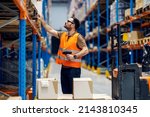 Small photo of A supervisor with scanner in hands checking on goods in boxes in storage.