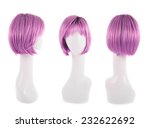 Straight hair wig over the white plastic mannequin head isolated over the white background, set of three foreshortenings