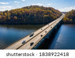 Aerial drone the interstate I68 bridge and traffic near Morgantown, West Virginia