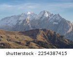 Marmolada mountain peak in autumn, Passo Sella, Val Gardena, Val di Fassa, Dolomites, South Tyrol, Italy