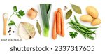 Small photo of Soup vegetables set. Onion, potato, leek, carrot, celery, bean, salt, bay leaf and pepper isolated on white background. Healthy eating food concept. Creative layout. Flat lay, top view