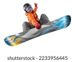 Snowboarder jumping through air with isolated background. Winter Sport background.