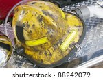 fireman helmet on fire truck bumper