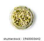 Sprouted green mung beans. Mung sprouts in jar isolated on white background.