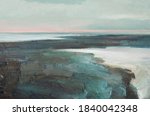 Abyss, ocean waves, seascape hand drawn oil illustration. Blue sea tides and ice blocks, frozen pond, winter marine scenery background. Storm, swash, strong current acrylic painting