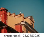 A seagull sits on the roof of an old house in the city center. Blue skies and colorful houses. Tiled roofs and ventilation pipes. Cozy resort town in summer. Rovinj, Croatia - July 7, 2023