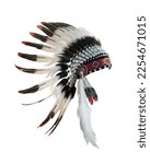 Small photo of Indian headdress Western Ethnic Large feathers of various colors were tied together with cloth and animal skins strung together with colorful beads isolated on white background. This has clipping path