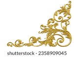 Cast iron with an ancient Roman mustard leaf pattern painted gold for decorating corners or Louis frames Isolated on white background. This has clipping path.