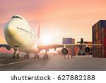 Airplane at airport with container yard concept of business Product shipping delivery transfer. 