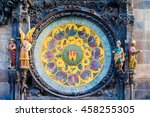 Astronomical Clock Orloj closeup in Czech Republic, Europe. Vintage style. Prague clock tower detail. Famous attraction residents of Praga