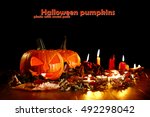 pumpkin on desk and photo with... | Shutterstock . vector #492298042