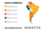 South America map infographic. Slide presentation. Global business marketing concept. Color country. World transportation data. Economic statistic template.