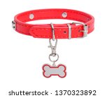 Red Leather Collar with Dog Bone Tag Isolated on White Background.