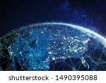 Telecommunication network above North America and United States viewed from space for American 5g LTE mobile web, global WiFi connection, Internet of Things (IoT) technology or blockchain fintech