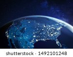 USA from space at night with city lights showing American cities in United States, global overview of North America, 3d rendering of planet Earth, elements from NASA
