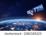 Telecommunication satellite providing global internet network and high speed data communication above Europe. Satellite in space, low Earth orbit. Worldwide data communication technology.
