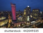 Panorama of modern Warsaw by night, aerial view