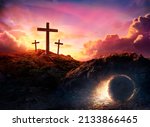 Resurrection - Crosses And Tomb Empty With Crucifixion At Sunrise And Abstract Defocused Lights - No Illustration No rendering 3d