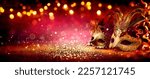 Small photo of Carnival Party - Venetian Masks On Red Glitter With Shiny Streamers On Abstract Defocused Bokeh Lights