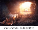 Small photo of Resurrection Of Jesus Christ - Empty Tomb - Focus On Shroud With Defocused Crosses On Background - flare Effects and Bokeh Lights