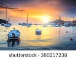 Wonderful romantic old town of Rovinj and famous fishing harbor with stunning sunset,Istrian Peninsula,Croatia,Europe