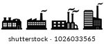Factory icon set. Vector industrial buildings pictograms. Black silhouettes of manufacturing objects isolated on white. Set of four contours of plants for industrial design.