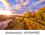 Autumn in Prague, golden sunset at Vyshegrad. Stunning view to the ancient fortress (castle) in the historic district of Prague, travel Europe concept, Czech Republic