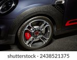 Small photo of Wheel of the unique MINI Cooper GP in a special Racing Grey colour.1 of 3000 copies worldwide. Engine power is 306 hp, lowered suspension and extended track width. Katowice, Poland - 07.26.2020
