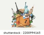 Vacation concept, suitcase with hat and tourist accessories and landmarks. Tourist packing	