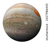 Small photo of Full disk of planet Jupiter globe from space isolated on white background. View of Jupiter's Great Red Spot and turbulent southern hemisphere. Elements of this image furnished by NASA.