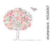 Blooming Tree And Birds In Love