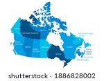 Map of Canada divided into 10 provinces and 3 territories. Administrative regions of Canada with labels. Vector illustration.