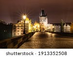 Charles Bridge, Czech: Karluv most, in Christmas time by night. Prague, Czech Republic